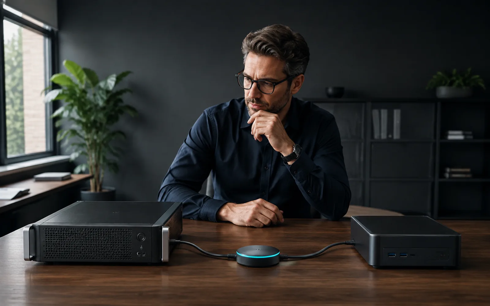A business owner comparing two office computing choices
