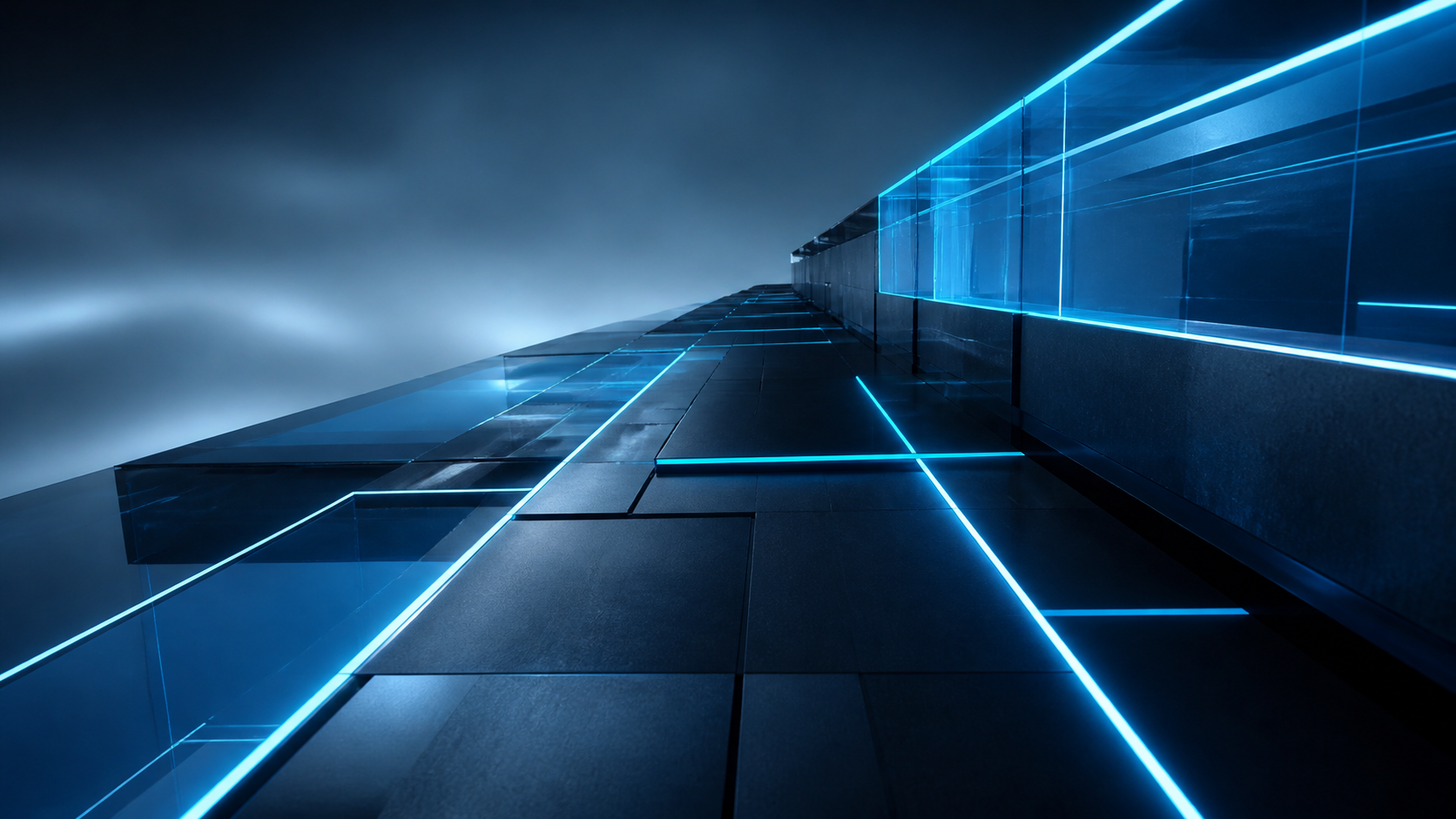 Dark architectural panels connected by precise cyan paths