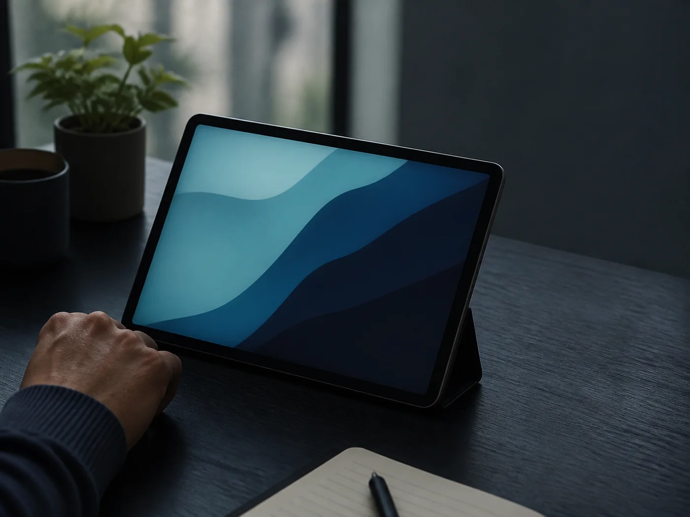 A person using a dark tablet with a simple cyan Mira interface in a quiet home workspace