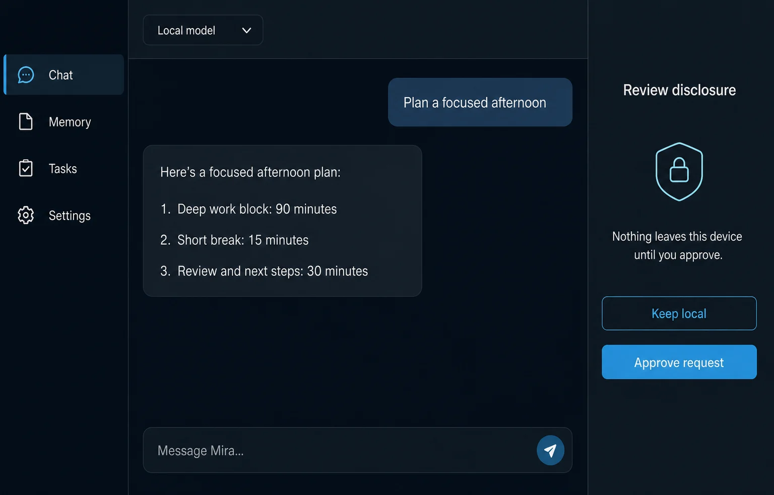 Mira interface concept with navigation for chat, memory, tasks, settings, and a disclosure approval panel