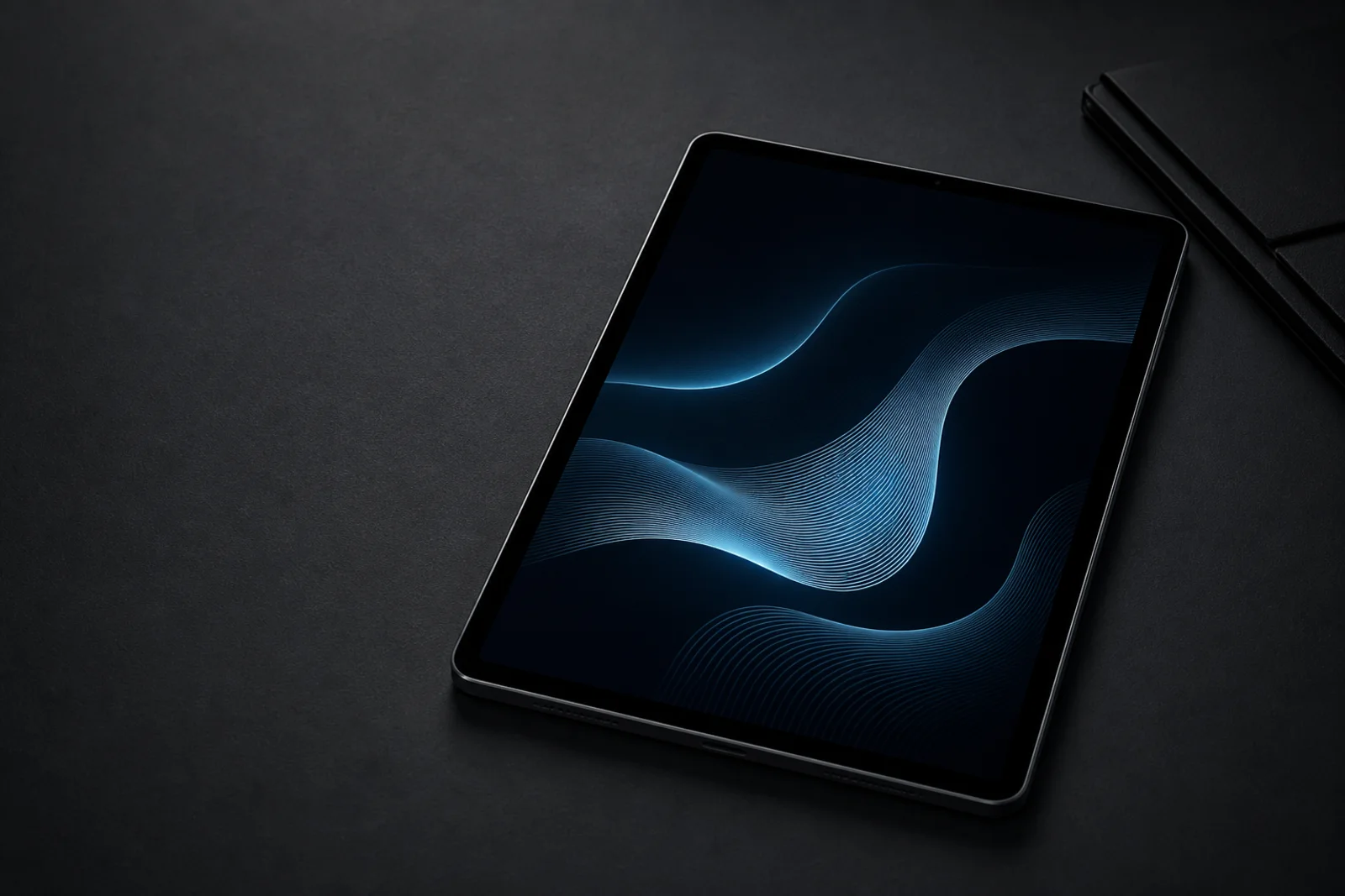 Dark tablet showing an abstract cyan Mira voice interface on a graphite desk